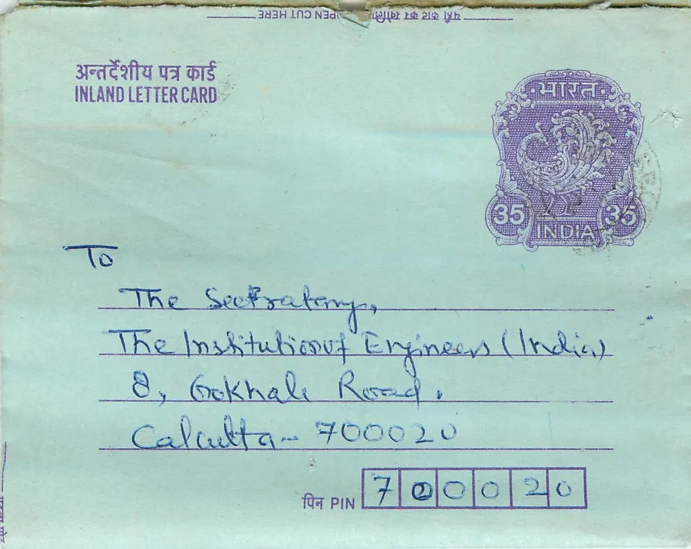 Carta postal interior indiana — K. K. Sharma, Bikaner — destinada à Instituição dos Engenheiros (Índia), Calcutta - Frente
