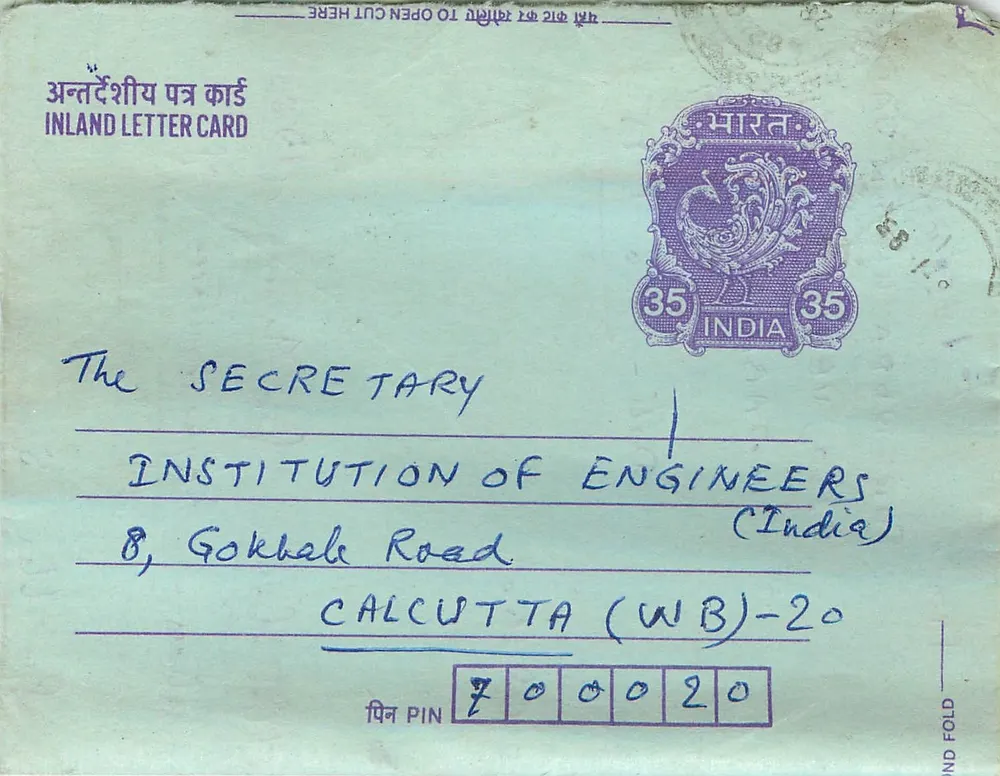 Carta postal interna indiana — Institution of Engineers (India) — Surnora Kumar Jain - Frente