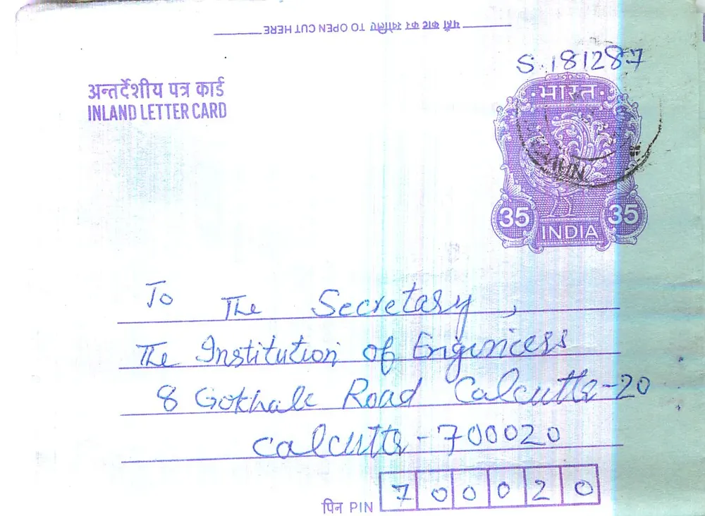 Carta postal interior indiana — Instituto de Engenheiros, Calcutá — selo de 35 annas - Frente