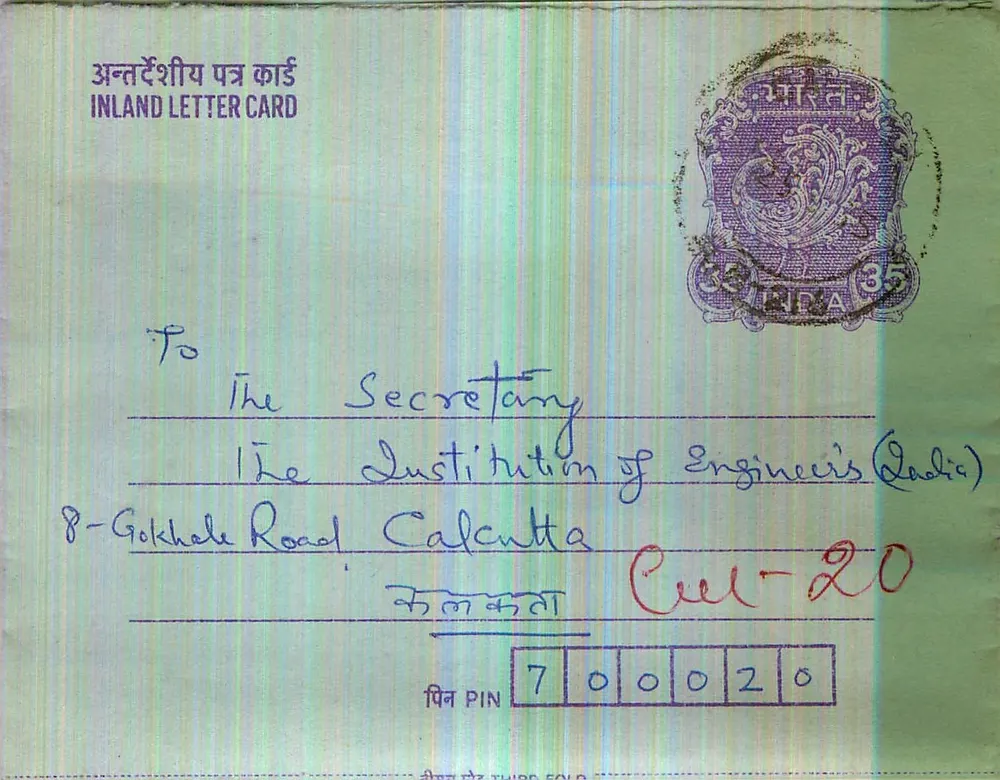 Carta postal interior indiana — Institution of Engineers (Radio) — Calcutta - Frente