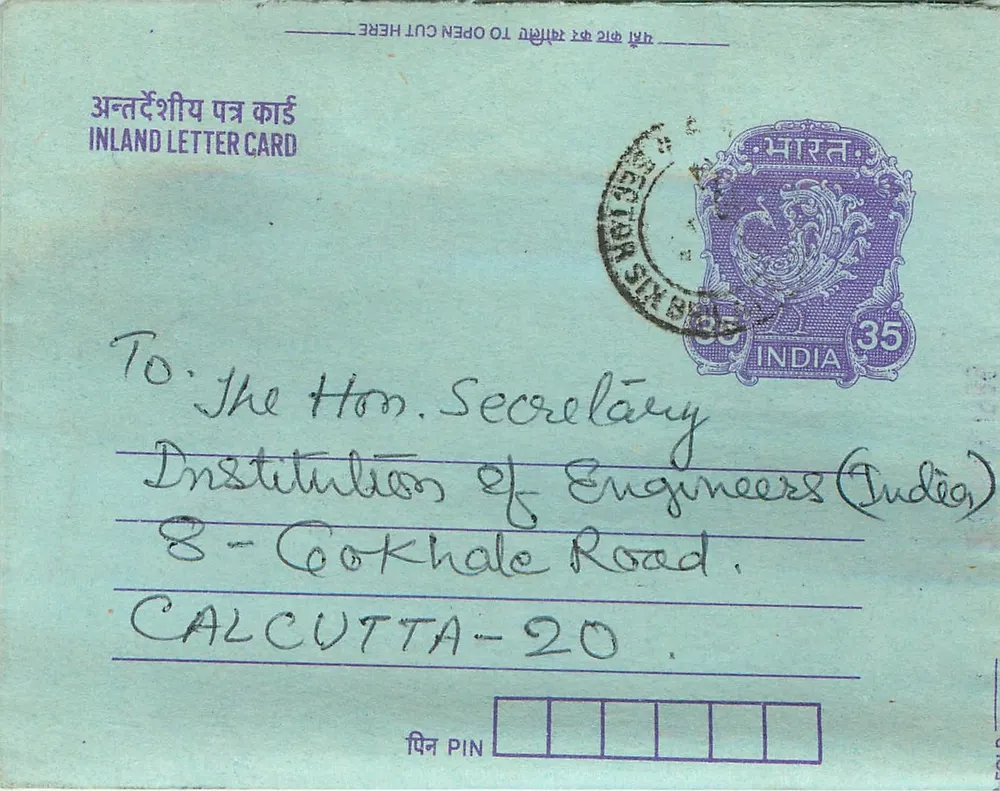 Carta postal interior indiana — Institution of Engineers (India) — editor não visível - Frente