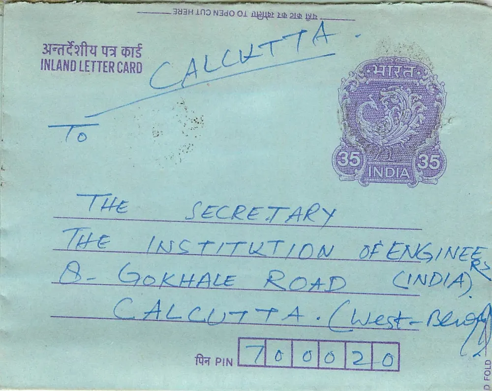 Carta postal interior indiana — Calcutta — Instituição de Engenheiros — selo de 35 annas - Frente