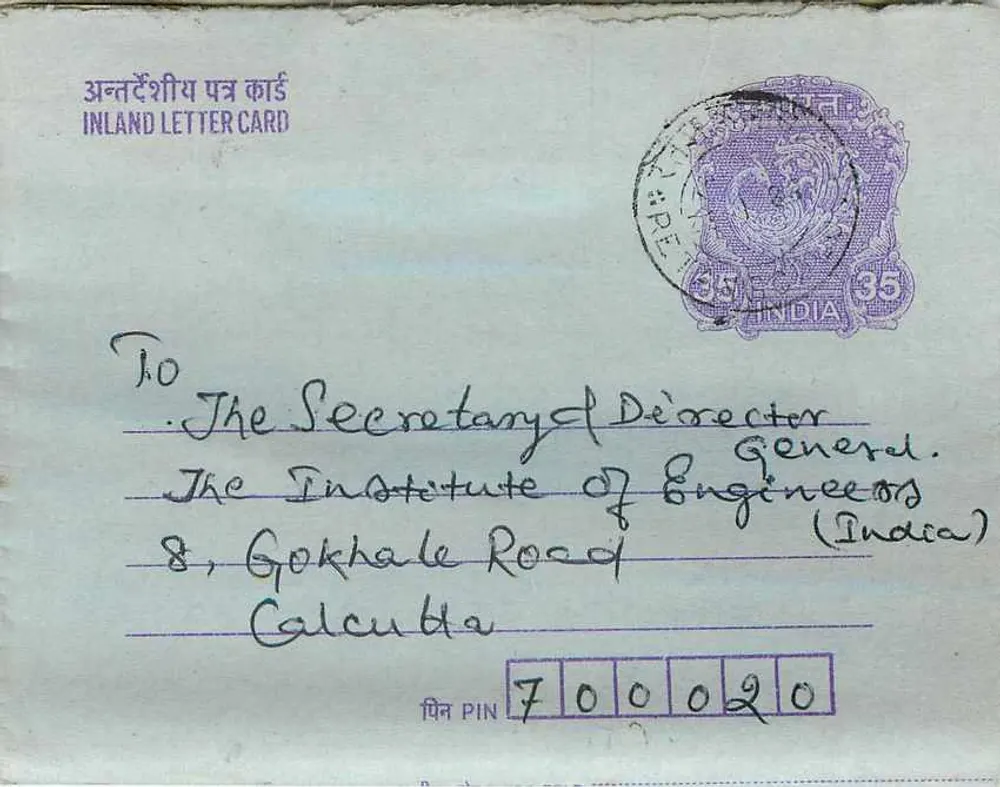 Carta postal interior indiana — texto em inglês e em hindi — destinada ao Instituto dos Engenheiros da Índia em Calcutá - Frente