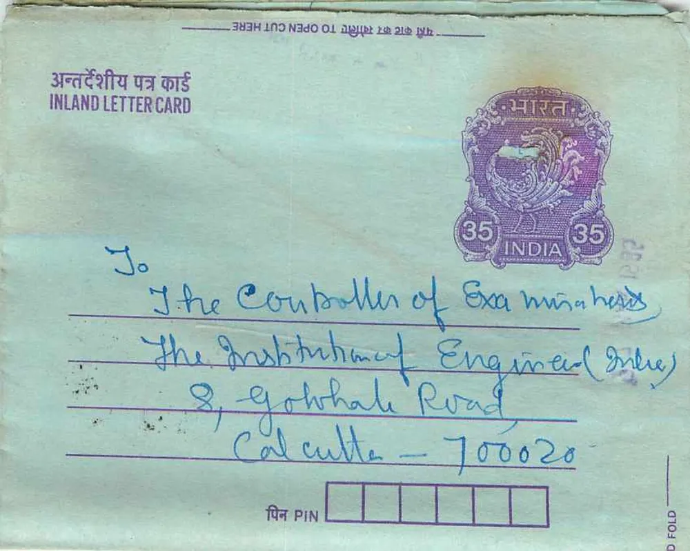 Carta postal interior indiana — carimbo de 35 annas — destinada ao Instituto dos Engenheiros (Calcutta) — verso com carimbo e cachet de Delhi - Frente