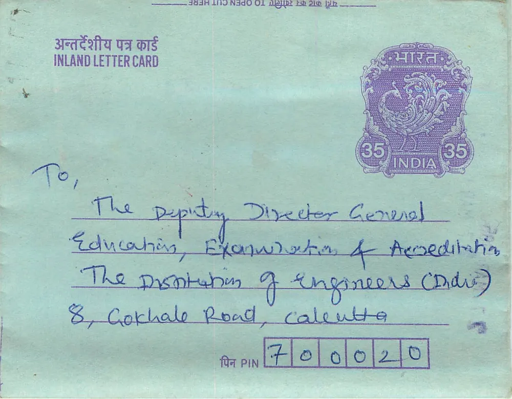 Carta postal interna indiana — selo de 35 pence — destinada ao Departamento de Exames de Engenheiros em Calcutta - Frente