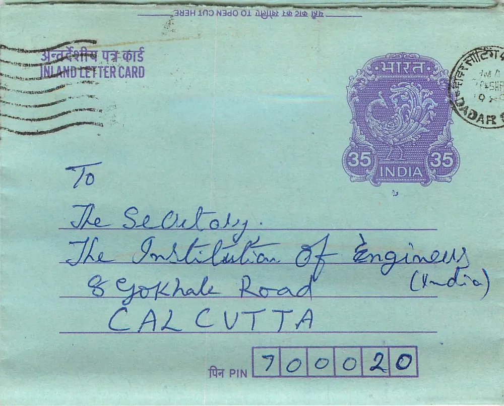 Carta postal interna indiana — selo de 35 annas — destinada à Institution of Engineers (Índia) em Calcutta - Frente