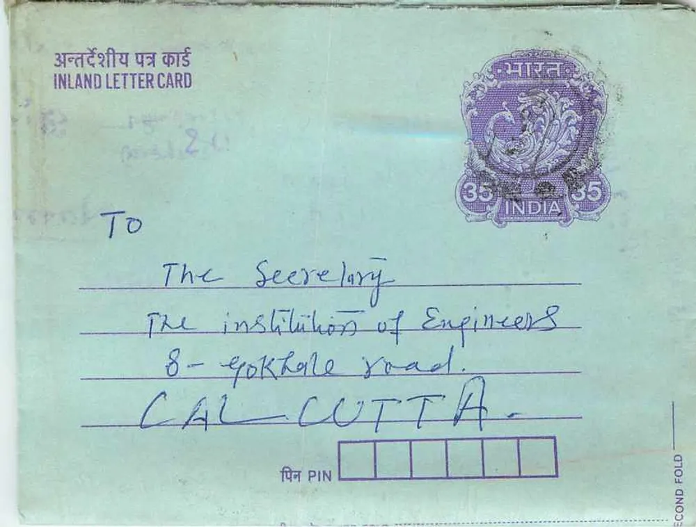 Carta postal interna indiana — Gandhi — 35 annas — destinada à Institution of Engineers em Calcutta - Frente