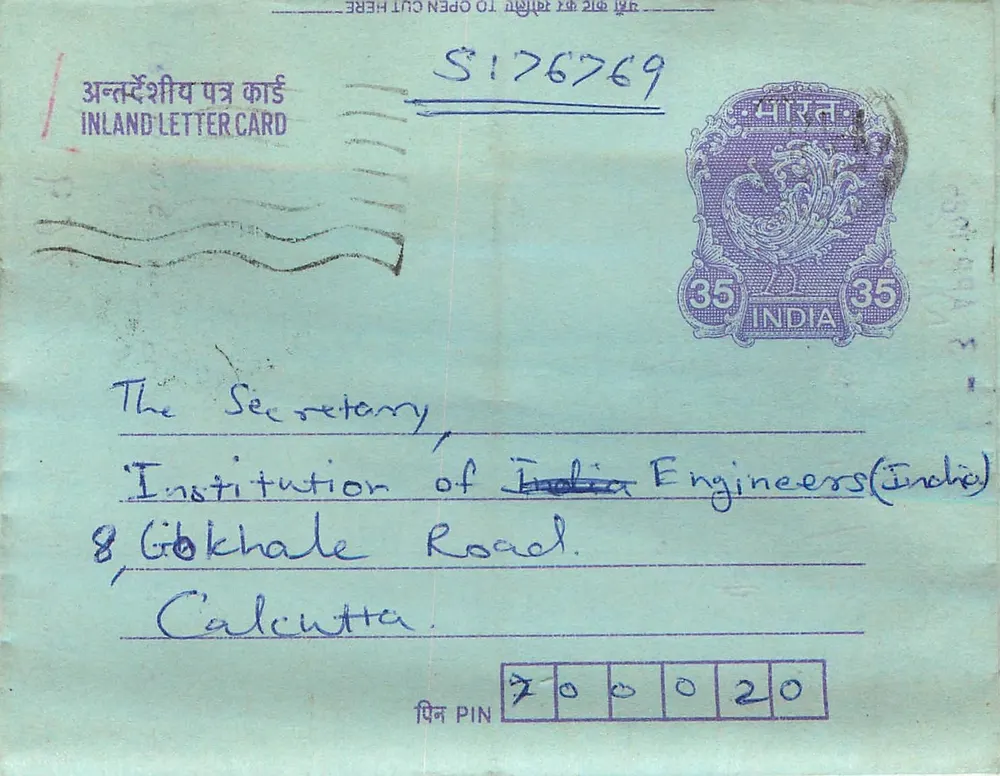 Carta postal interna indiana — Institution of India Engineers (India) — editor: India - Frente