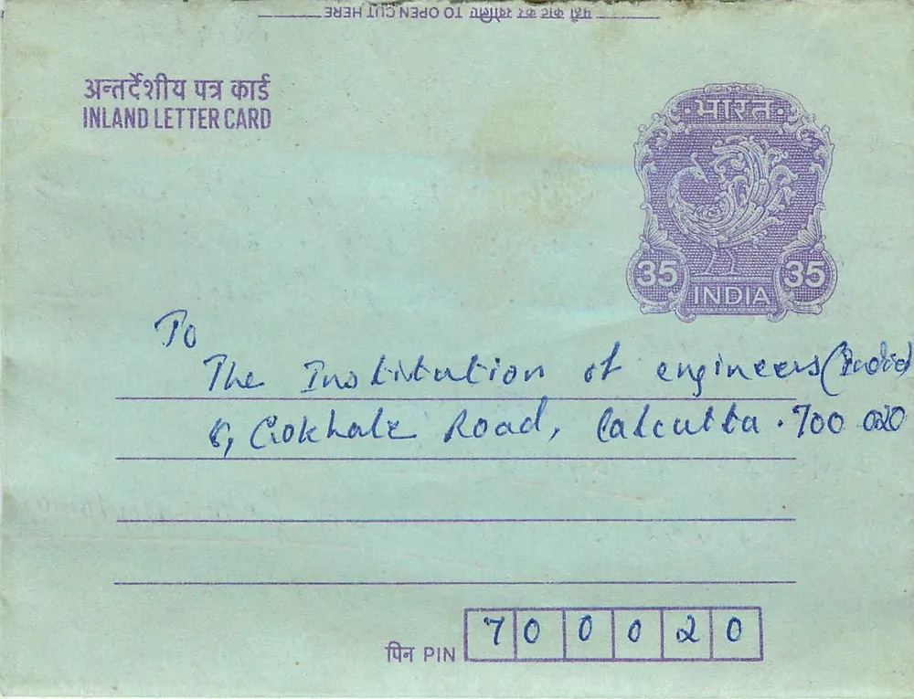 Carta postal interna indiana — selo de 35 annas — destinada à Institution of Engineers, Calcutta - Frente