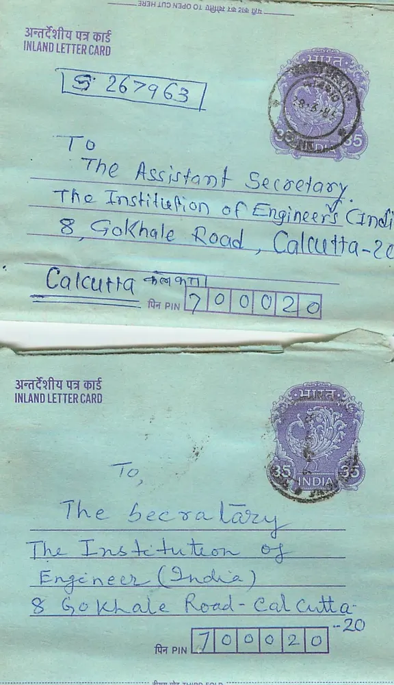 Carta postal interior indiana — Instituto de Engenheiros (Índia) — Calcutá — 1941 - Frente