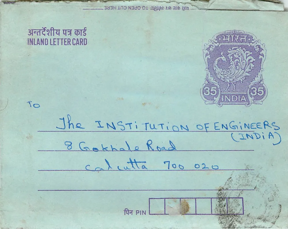 Carta postal interna indiana — Institution of Engineers (India) — Calcutta - Frente
