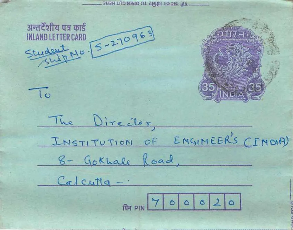 Carta postal interna indiana — Student Ship No. S-270963 — editor não visível - Frente
