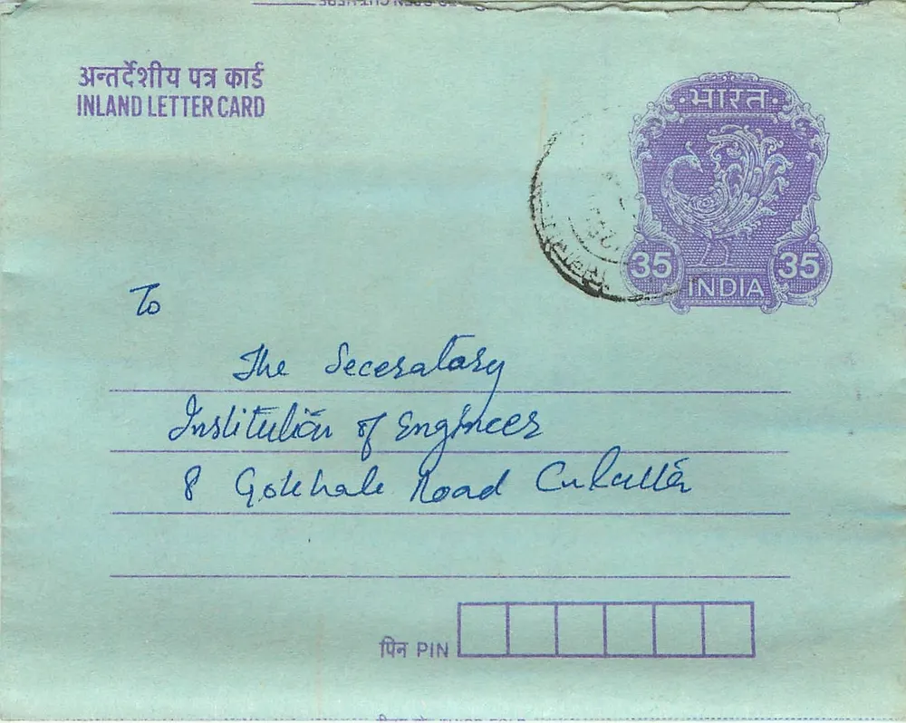 Carta postal interna indiana — Institution of Engineers, Calcutta — selo de 35 annas - Frente
