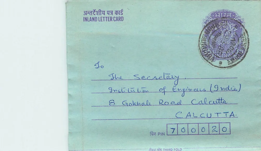 Carta postal interna indiana — Institution of Engineers (India), Calcutta — editor: India Post, número de série: THIRD FOLD - Frente
