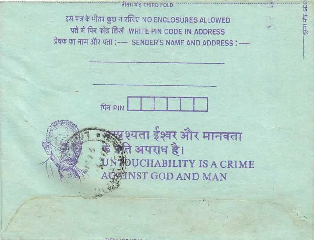 Carta postal interior indiana — texto sobre Gandhi — editor: India Post - Verso