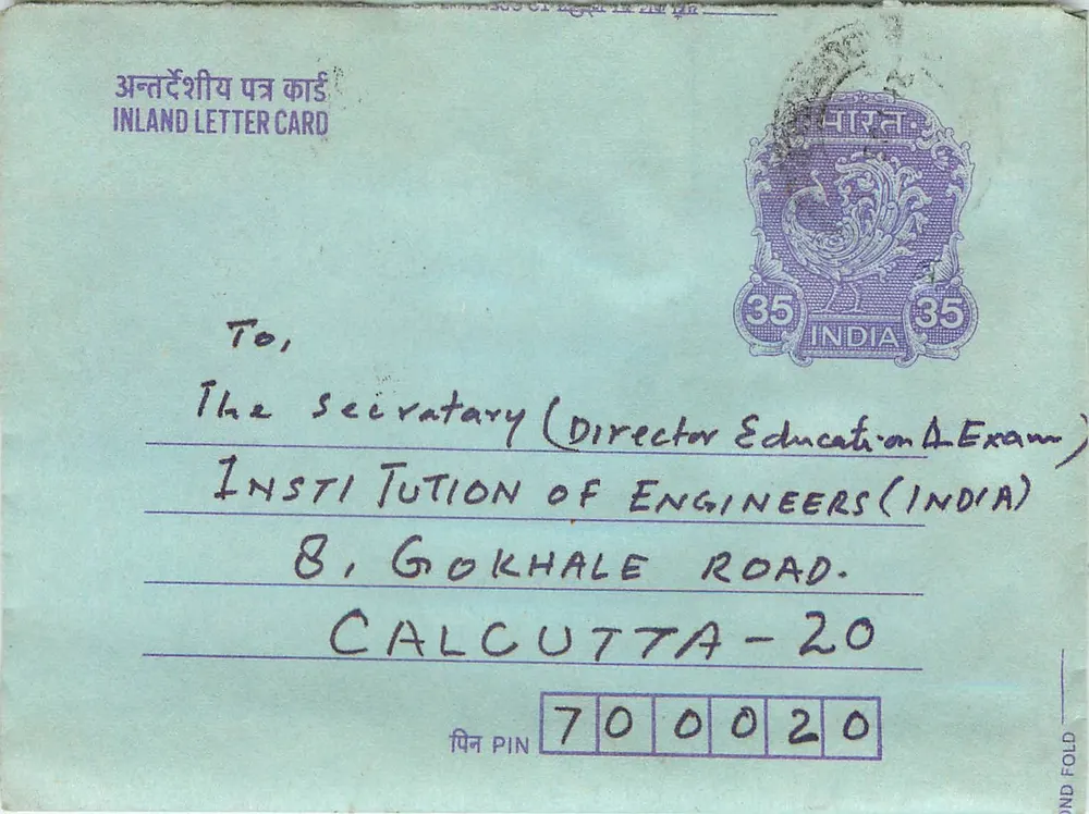 Carta postal interior indiana — Gandhi — 35 annas — destinada à Instituição de Engenheiros (Índia) em Calcutá - Frente