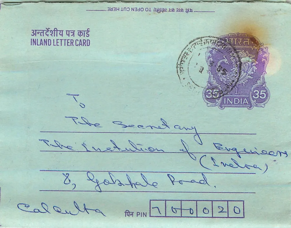 Carta postal interna indiana — Gandhi — 35 annas — destinada à Institution of Engineers (Calcutta) - Frente