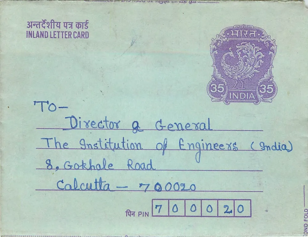Carta postal interna indiana — selo de 35 annas — destinada à Instituição dos Engenheiros (Índia) em Calcutá - Frente