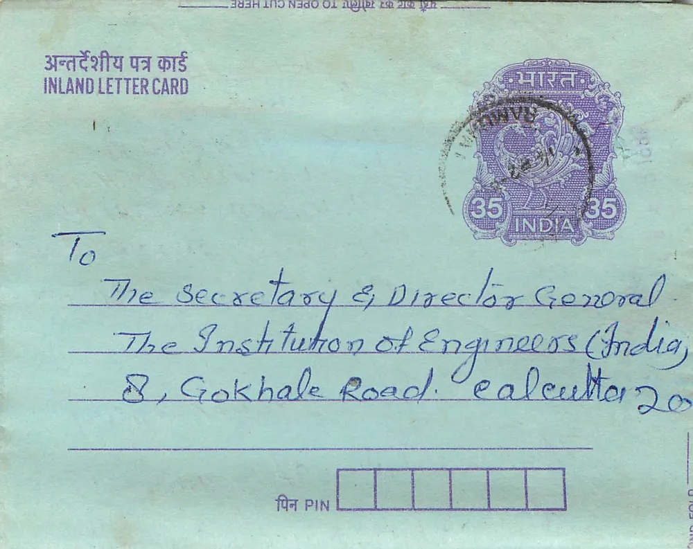 Carta postal interna indiana — D.K. Sharma à Instituição de Engenheiros (Índia) — selo 35 annas - Frente