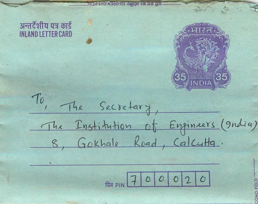 Carta postal interna indiana — selo de 35 anos — Gandhi — destinatário em Calcutta - Frente