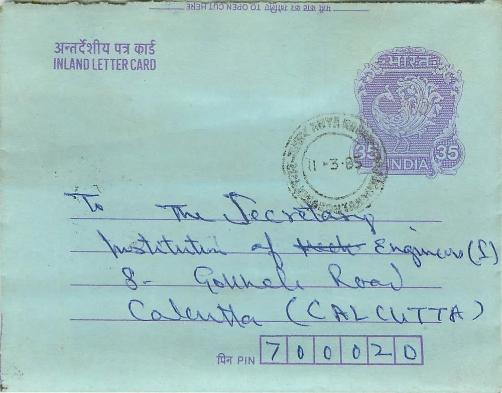 Carta postal interior indiana — Gandhi — 35 annas — destinada à Instituição de Engenheiros Mecânicos (Calcutta) - Frente
