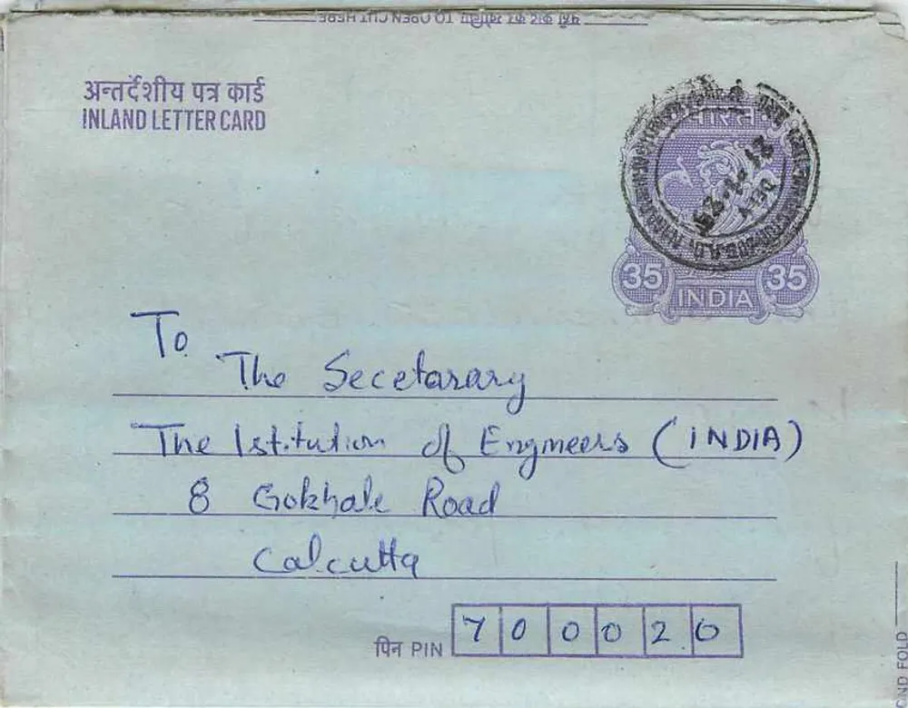 Carta postal interior indiana — Institution of Engineers (INDIA) — Tarlochan Singh Sangha - Frente