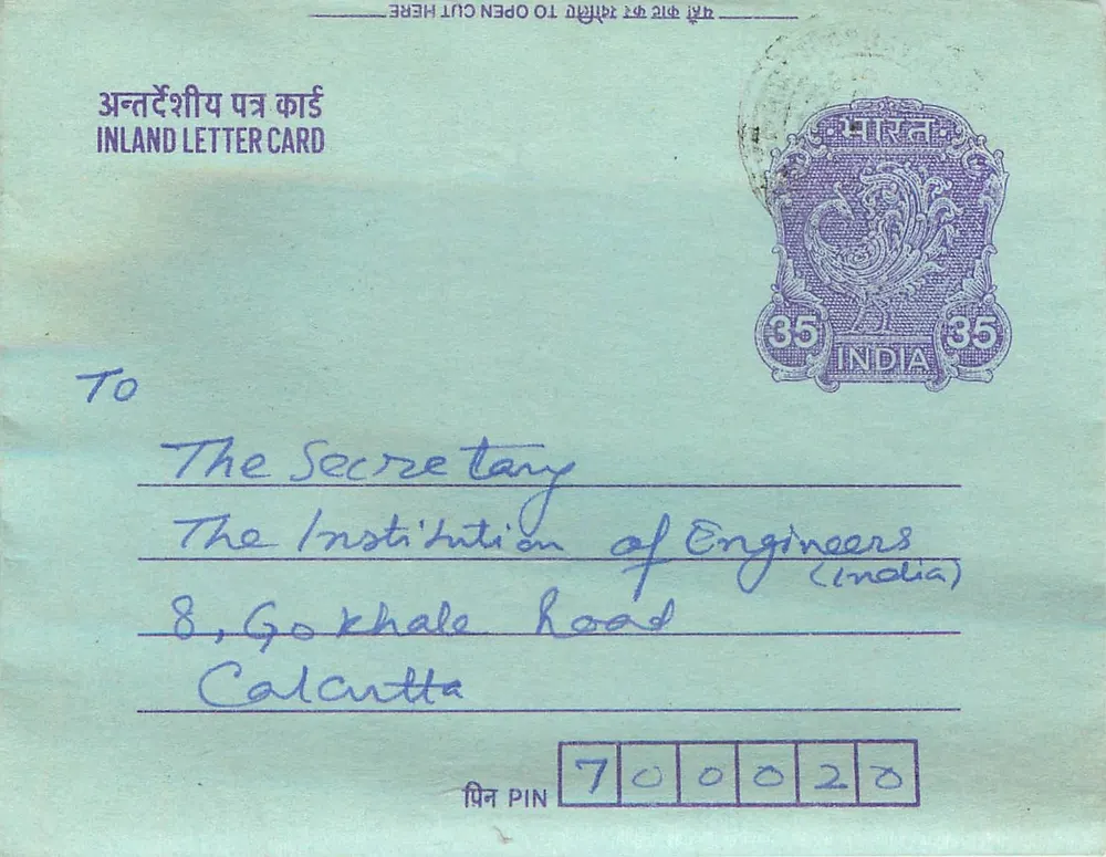 Carta postal interna indiana — selo de 35 annas — destinada à Instituição dos Engenheiros da Índia em Calcutá - Frente