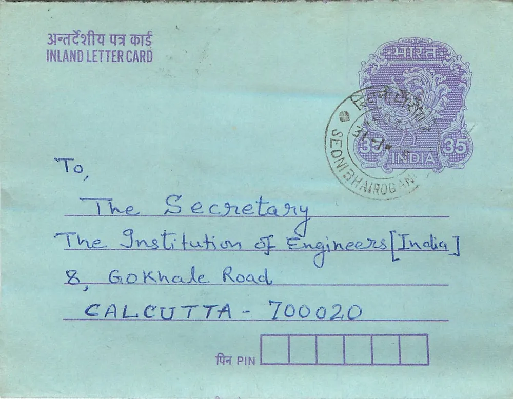Carta postal interna indiana — G.S. Rahangdale, P.W.D. (B&R) à Instituição dos Engenheiros da Índia, Calcutá — selo 35 anos - Frente