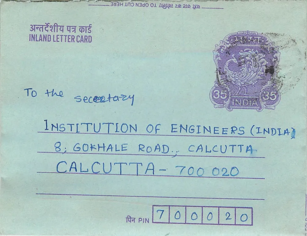 Carta postal interior indiana — Institution of Engineers (India), Calcutta — carimbo de 35 annas - Frente