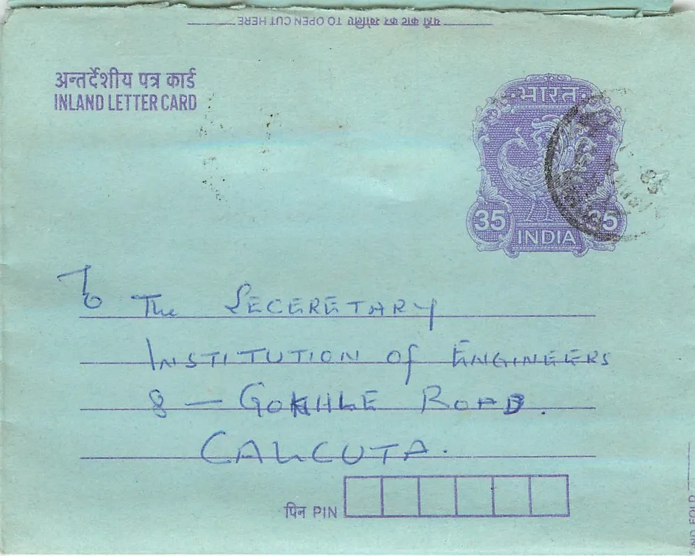 Carta postal interna indiana — Institution of Engineers, Calcutta — editor não visível - Frente