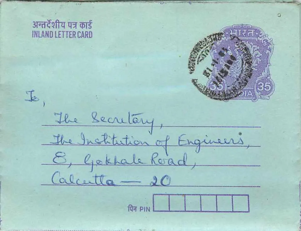 Calcutá — Carta postal interna com selo de 35 anos — E.N.W. Sequiera - Frente
