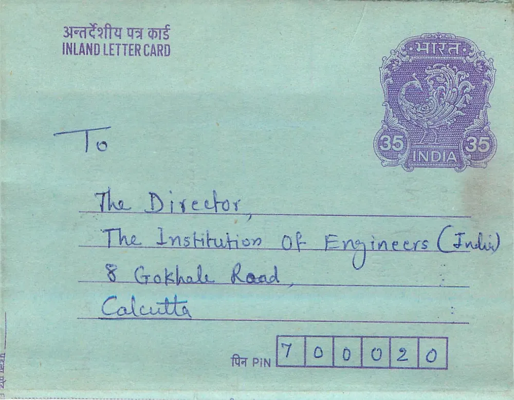 Carte postale intérieure indienne — 35 annas — destinée à l'Institution des Ingénieurs d'Inde à Calcutta — verso avec timbre et cachet de Pune - Frente