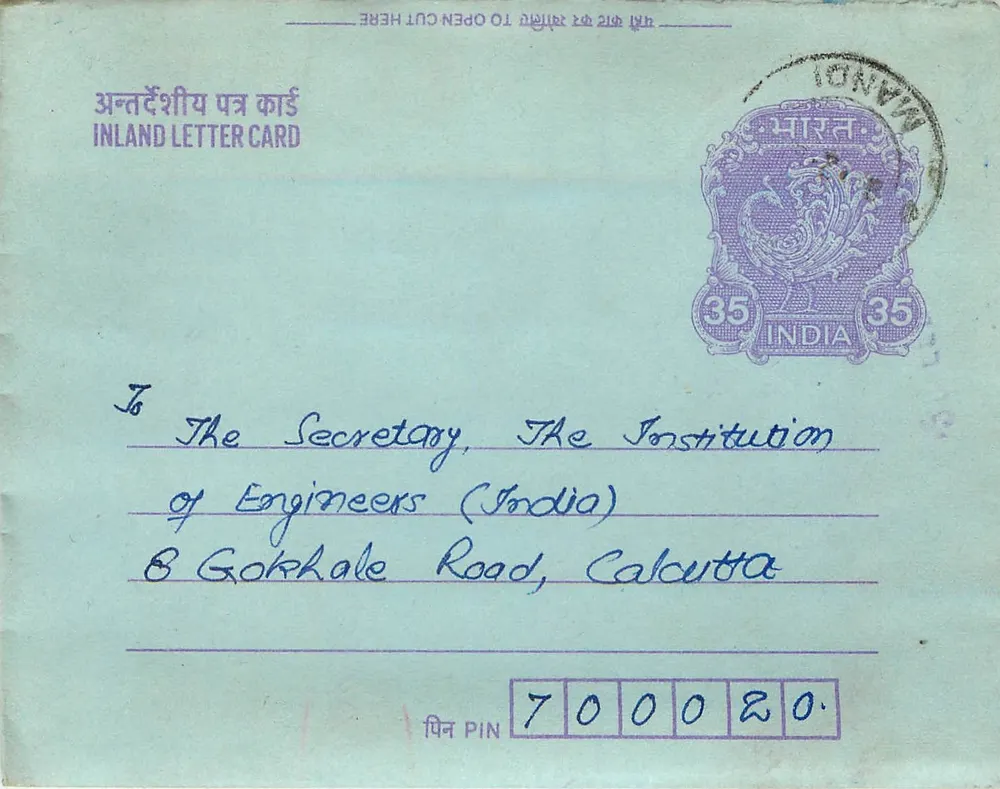 Carta postal interna indiana — Mandi — 35 annas — destinada à Institution of Engineers (India) em Calcutá - Frente