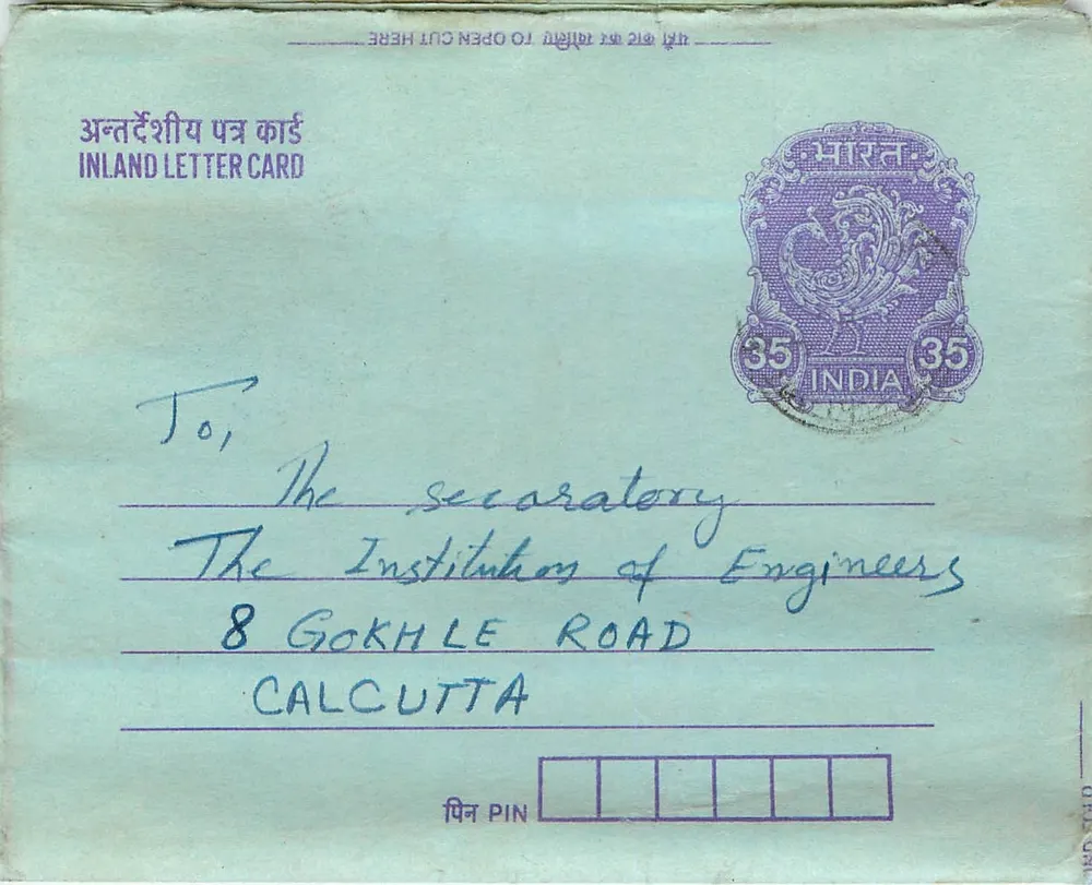 Carta postal interna indiana — 35 annas — destinada à Institution of Engineers em Calcutta - Frente