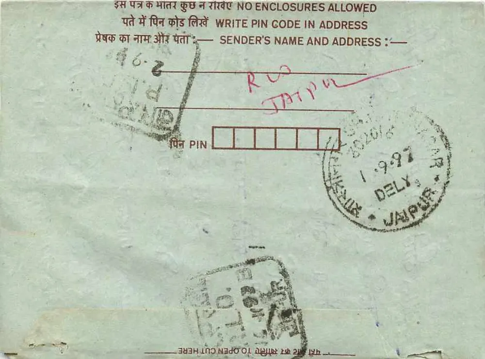 Carta postal interior indiana — Jodhpur, 1997 — editor não visível - Verso
