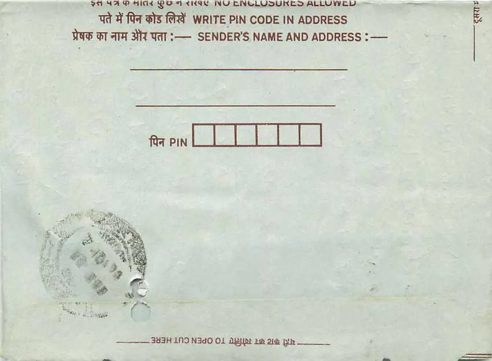 Carta postal interior indiana — Jaipur — editor de livros - Verso