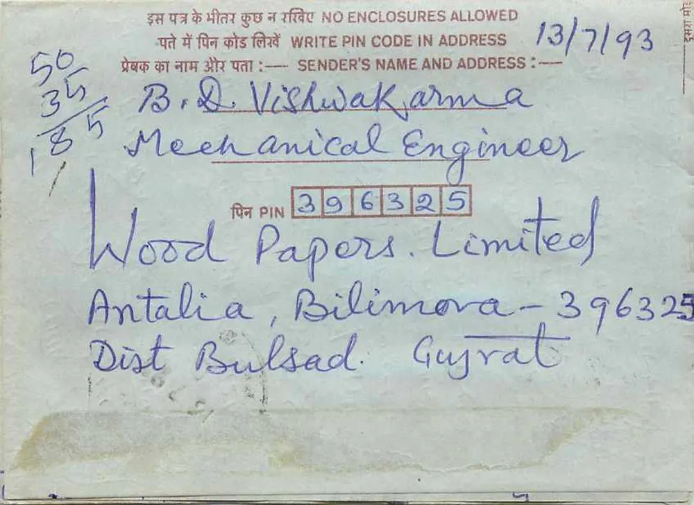 Carta postal interna indiana — Wood Papers Limited, Antalia, Bilimora — destinatário em Jaipur - Frente