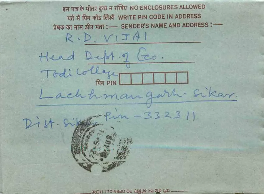 Carta postal interior indiana — R.D. V.I. 541 — Head Dept. of Geo., Toddi College, Lachhmangarh, Sikar - Frente