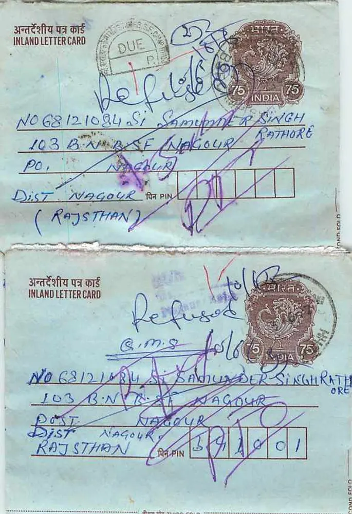 Carta postal interna indiana — recusada — editor: India Post, série n°68121034 - Frente