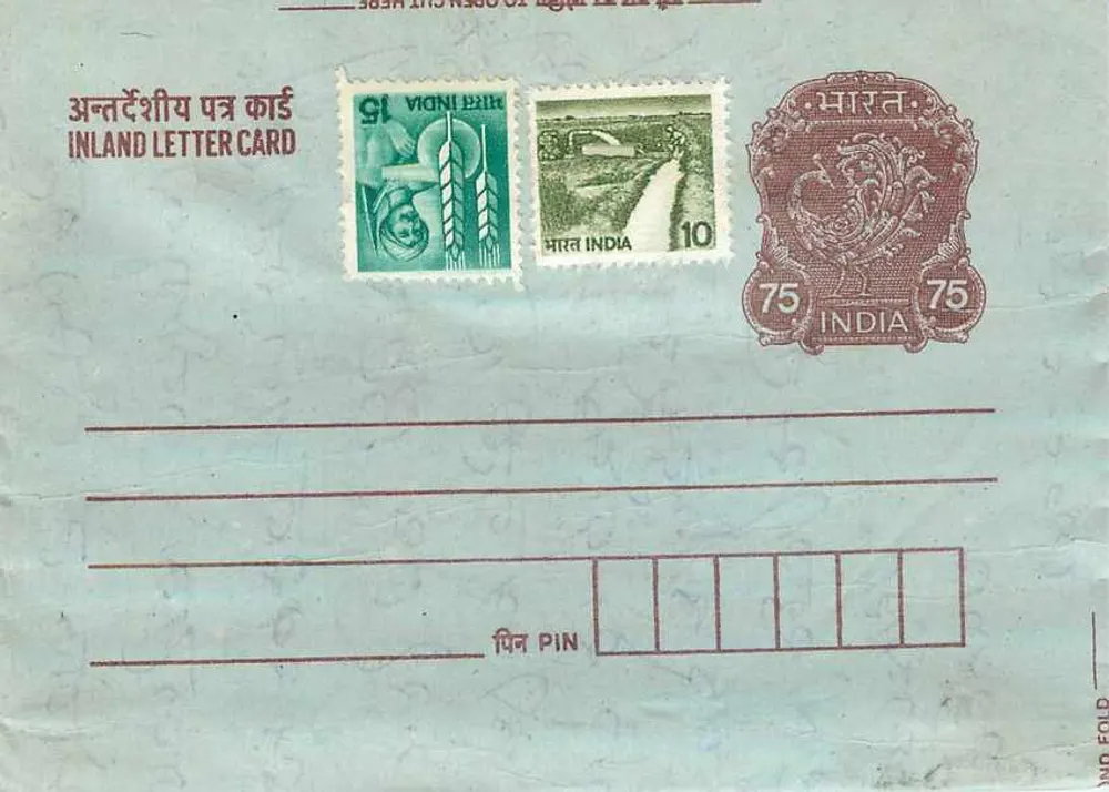 Carta postal interna indiana — selos 15, 10 e 75 annas — editor India - Frente