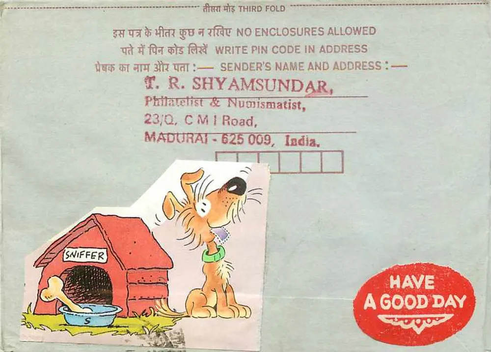 Cachorro Sniffer — casa e osso — carte postal interior indiana - Verso