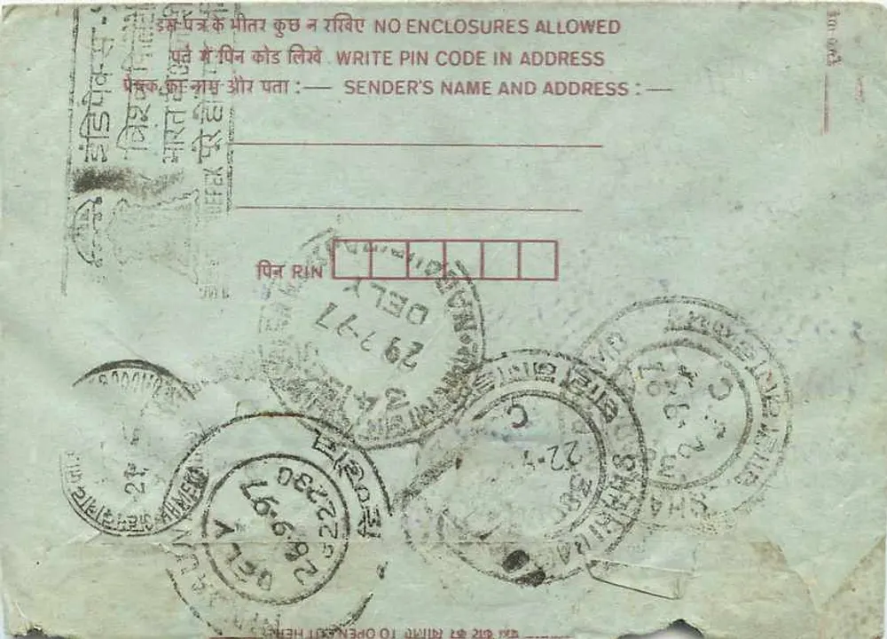 Carta postal interna indiana — Delhi, 1967 — editor não visível - Verso