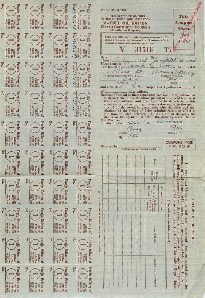 Fuel Rationing Coupons — United States — Office of Price Administration - Front
