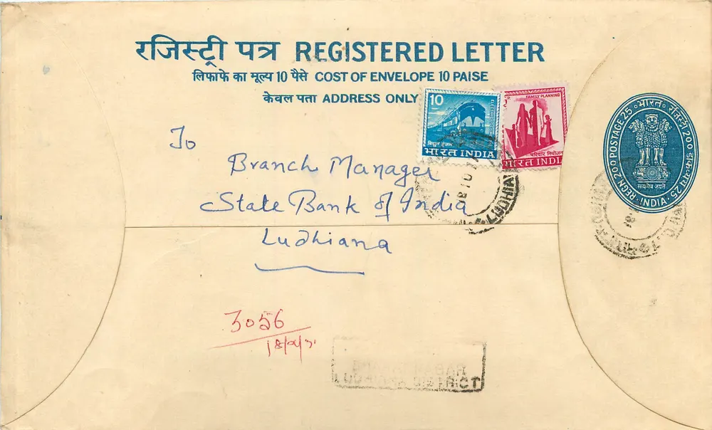 Ludhiana — Carta certificada — India Post - Anverso
