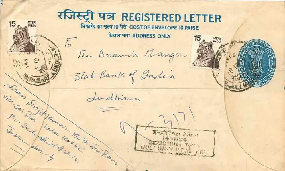Ludhiana — Envelope registrado — India Post - Frente