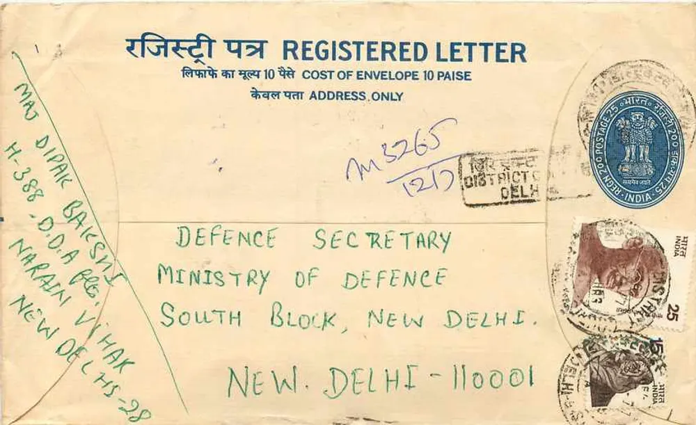 Enveloppe recommandée — Défense — Delhi - Recto