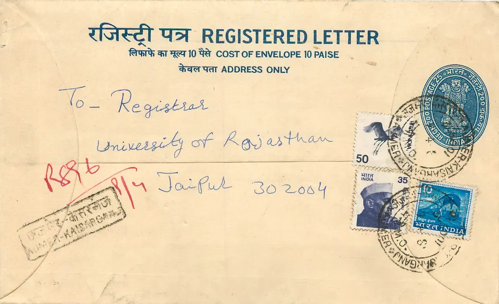 Lettre recommandée — Inde — 30/04/1954 — Manjilalata à l'Université du Rajasthan - Recto