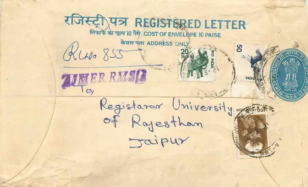 Envelope postal registrado — Índia — 1940s — Bureau de Vichnagar - Frente