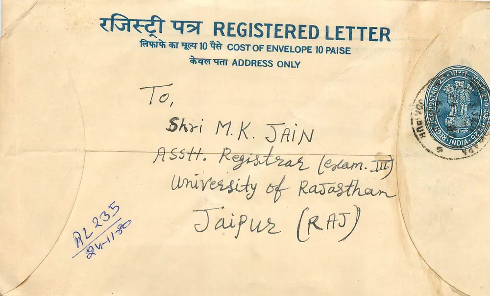 Envelope registrado — Índia — 1980 — destinado a M.K. Jain em Jaipur - Frente
