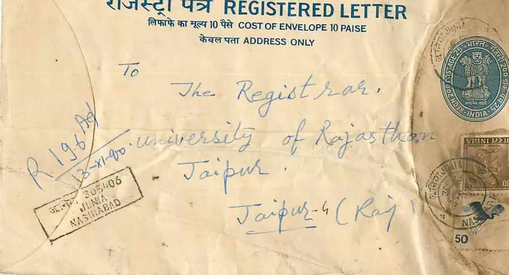 Envelope registrado — Universidade do Rajasthan, Jaipur — postagem de Juna Nashabad - Frente